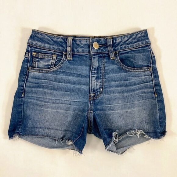 🔥 3/$15 🔥 American Eagle Hi Rise Super Stretch Shortie Shorts Size 0 Blue - Picture 1 of 6